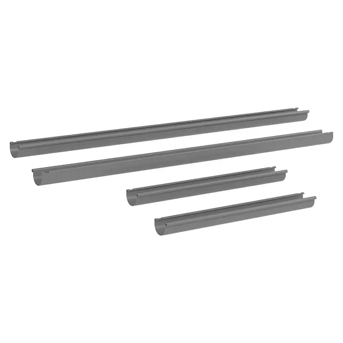 Marley Dachrinnen-Set - Nennweite: 75 mm, Passend für: Gartenhäuser Seitenlänge bis 3 m, Grau, Kunststoff - Graue halbrunde Kunststoff-Dachrinnen in verschiedenen Längen.