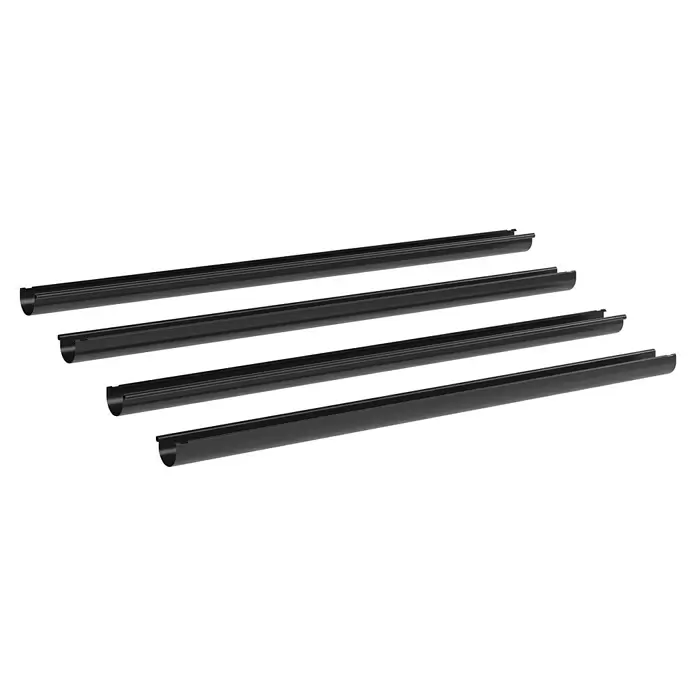 Marley Dachrinnen-Set - Nennweite: 75 mm, Passend für: Gartenhäuser Seitenlänge bis 4 m, Anthrazit-Metallic, Kunststoff - Vier schwarze halbrunde Dachrinnen horizontal angeordnet.