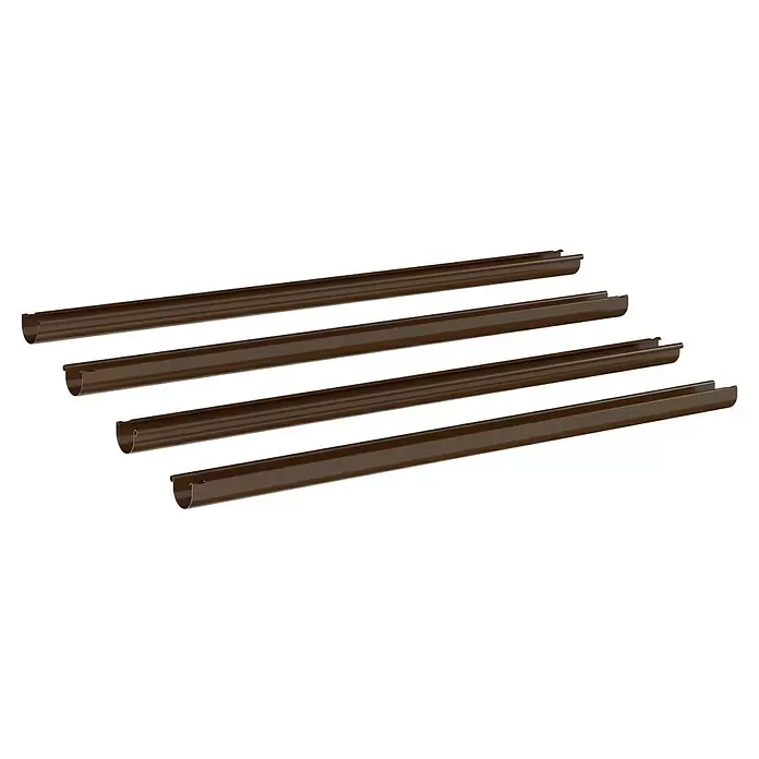 Marley Dachrinnen-Set mit Verstellwinkeln - Nennweite: 100 mm, Passend für: Gartenhäuser Seitenlänge bis 4 m, Braun, Kunststoff - Vier lange braune Metallregenrinnen zur Dachentwässerung.