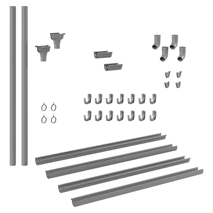 Marley Dachrinnen-Set - Nennweite: 75 mm, Passend für: Gartenhäuser Seitenlänge bis 4 m, Grau, Kunststoff - Ein komplettes Set grauer PVC-Dachrinnenkomponenten: Fallrohre, Rinnen, Verbinder, Bögen und Montagezubehör.