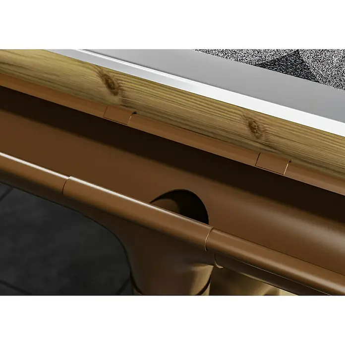 Marley Dachrinnen-Set mit Verstellwinkeln - Nennweite: 100 mm, Passend für: Gartenhäuser Seitenlänge bis 4 m, Braun, Kunststoff - Detailaufnahme einer braunen Dachrinne. Hervorgehoben ist das System zur Ableitung von Regenwasser vom Dach eines Hauses.
