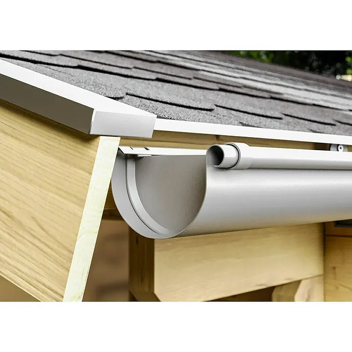 Marley Dachrinnen-Set - Nennweite: 75 mm, Passend für: Gartenhäuser Seitenlänge bis 3 m, Grau, Kunststoff - Nahaufnahme einer Dachrinne aus Metall an einem Gebäude, die das Dach vor Wasserschäden schützt und das Regenwasser ableitet.