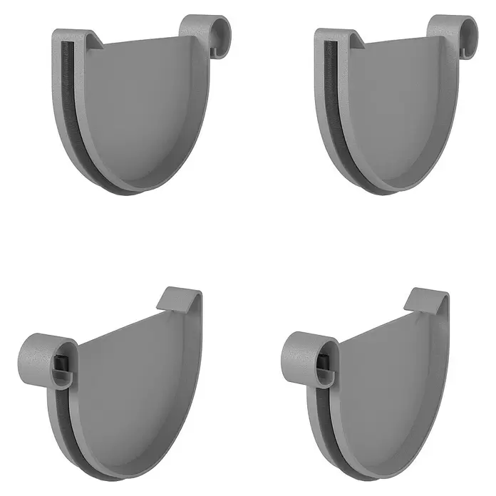 Marley Dachrinnen-Set - Nennweite: 75 mm, Passend für: Gartenhäuser Seitenlänge bis 3 m, Grau, Kunststoff - Vier graue, texturierte halbrunde Dachrinnenendkappen.
