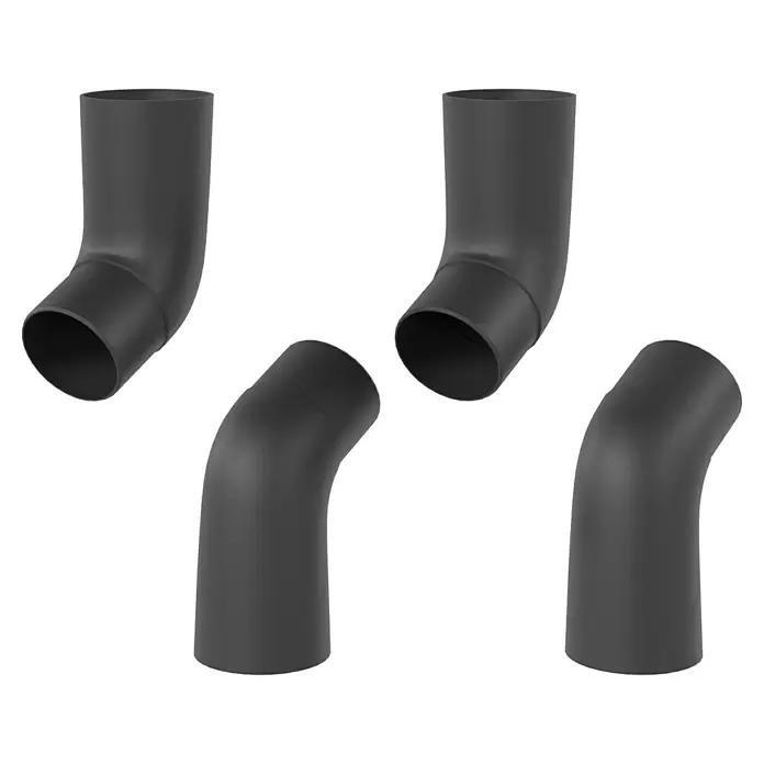Marley Dachrinnen-Set - Nennweite: 75 mm, Passend für: Gartenhäuser Seitenlänge bis 3 m, Anthrazit-Metallic, Kunststoff - Vier schwarze Rohrbögen, möglicherweise für Sanitär- oder Lüftungssysteme, aus verschiedenen Blickwinkeln.