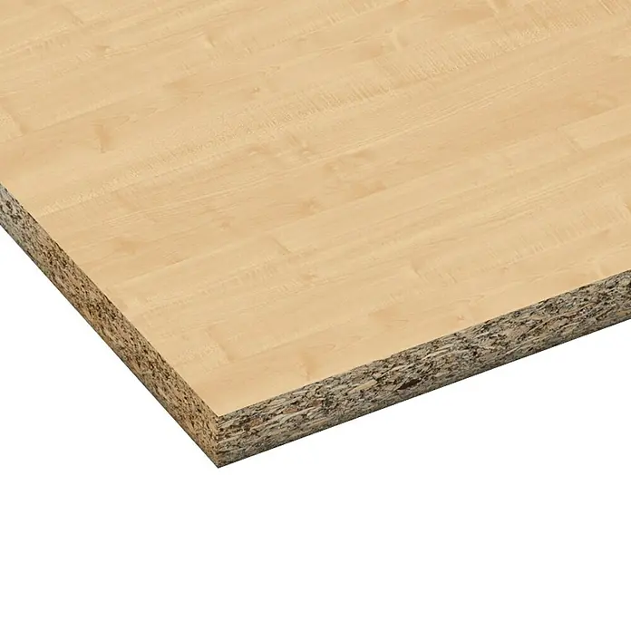 Spanplatte nach Maß - Stärke: 19 mm, L x B: 280 x 210 cm, Königsahorn - Nahaufnahme einer Holzspanplatte mit heller Holzoberfläche, die die Textur und die Materialzusammensetzung zeigt.