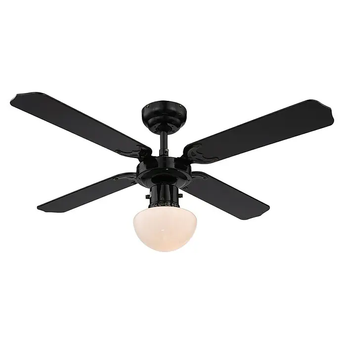 Voltomat Deckenventilator Bungonia - Schwarz, 105 cm, 60 W - Ein Deckenventilator in Schwarz mit vier Flügeln und einer weißen Glühbirne in der Mitte, ideal für eine stilvolle Raumbeleuchtung.