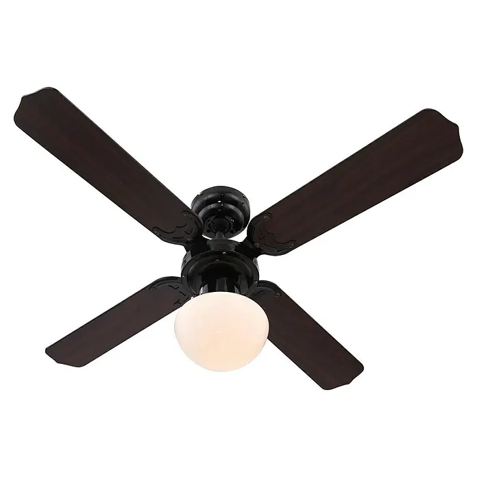 Voltomat Deckenventilator Bungonia - Schwarz, 105 cm, 60 W - Nahaufnahme eines Deckenventilators mit vier Holzflügeln und einer Glühbirne unter dem Ventilator.