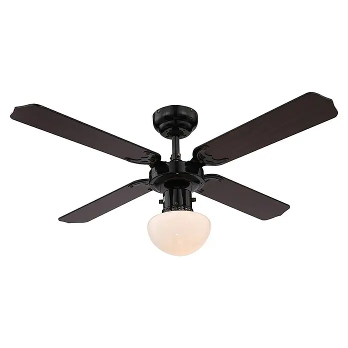 Voltomat Deckenventilator Bungonia - Schwarz, 105 cm, 60 W - Ein klassischer Deckenventilator in dunklen Farben mit vier Flügeln und einer runden, opalen Lampe in der Mitte.