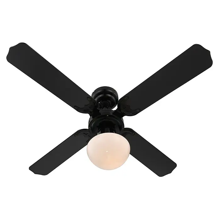 Voltomat Deckenventilator Bungonia - Schwarz, 105 cm, 60 W - Schwarzer Deckenventilator mit vier Flügeln und einer milchig-weißen Glühbirne für eine stilvolle Beleuchtung und Kühlung im Raum.