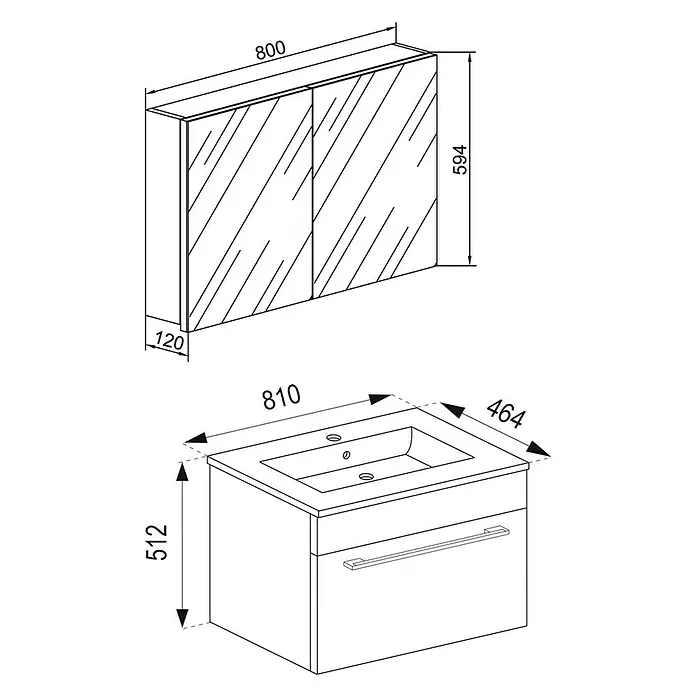 VCM Badinos Badmöbel-Set SPS - 80 cm, Weiß - Bild einer Badezimmereinheit mit Waschbeckenunterschrank und Spiegelschrank mit Maßen.