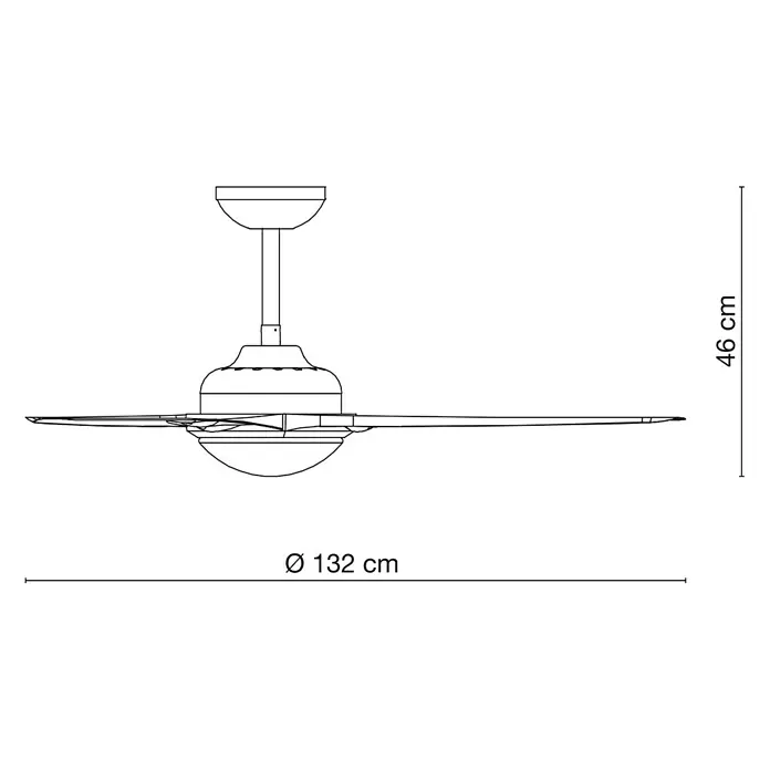 Proklima Deckenventilator Primo - Titan, Opal, 132 cm, 46 W - Abbildung eines Deckenventilators mit den Maßen 46 cm Höhe und 132 cm Durchmesser.