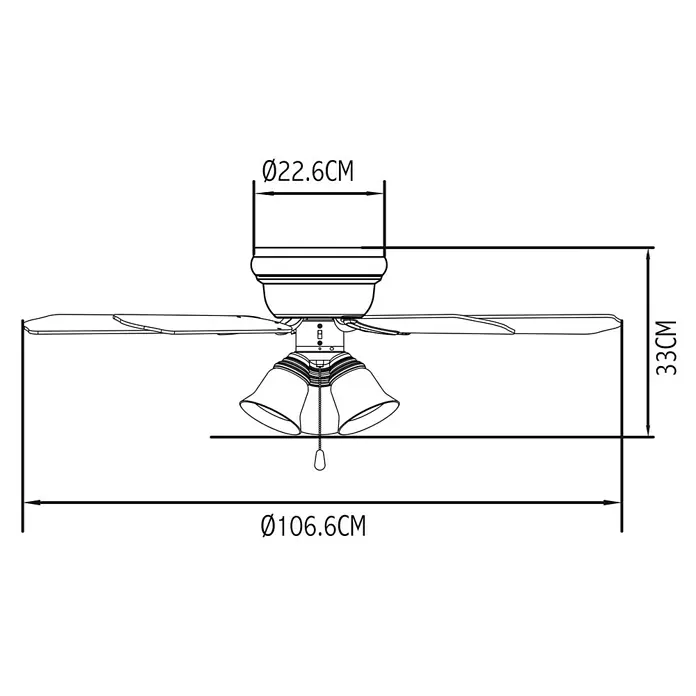 Voltomat Deckenventilator Ontario - Walnuss/Kirsche, 106 cm, 60 W - Abbildung eines Deckenventilators mit Maßen, die die Gesamtabmessungen und -details des Geräts zeigen.
