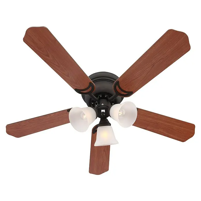 Voltomat Deckenventilator Ontario - Walnuss/Kirsche, 106 cm, 60 W - Diese Abbildung zeigt einen Deckenventilator mit fünf braunen Rotorblättern und drei Lampen mit weißem Glas.