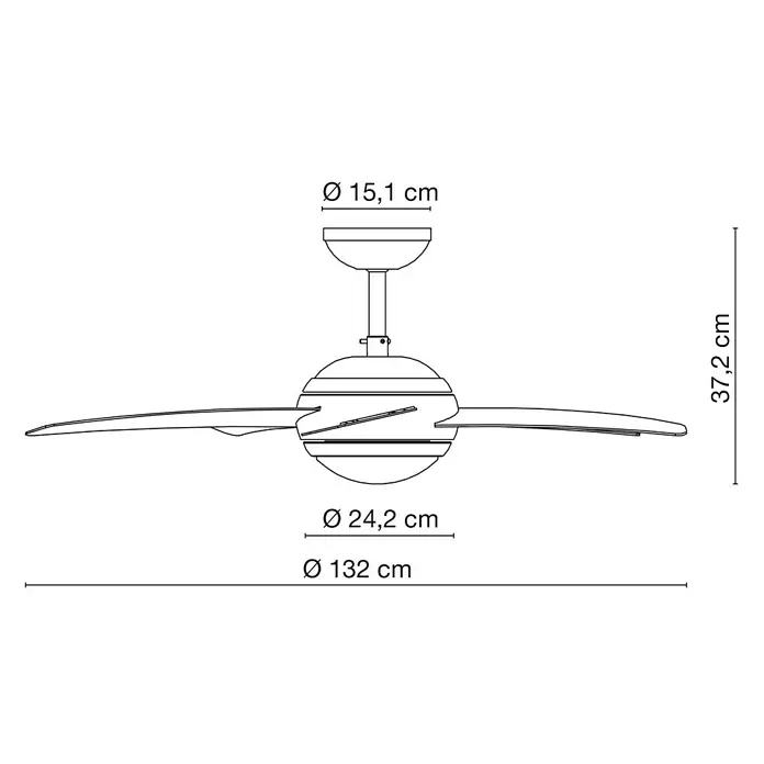Voltomat Deckenventilator Fabiola - Wenge, 132 cm, 60 W - Produktdiagramm eines Deckenventilators mit Abmessungen für Durchmesser und Höhe zur einfachen Installation.