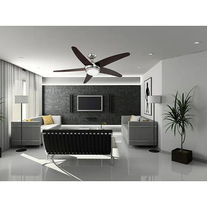 Voltomat Deckenventilator Fabiola - Wenge, 132 cm, 60 W - Ein moderner Wohnraum mit einem eleganten Deckenventilator in dunklem Holz, der für eine angenehme Luftzirkulation sorgt.
