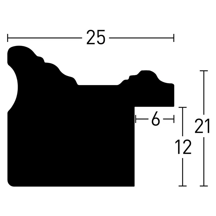 Nielsen Holzrahmen Antigo - 18 x 24 cm, Silber - Profilleiste mit Abmessungen. Das Produkt hat eine Breite von 25mm und eine Höhe von 21mm, wobei die Tiefe 6mm und der untere Teil 12mm misst.