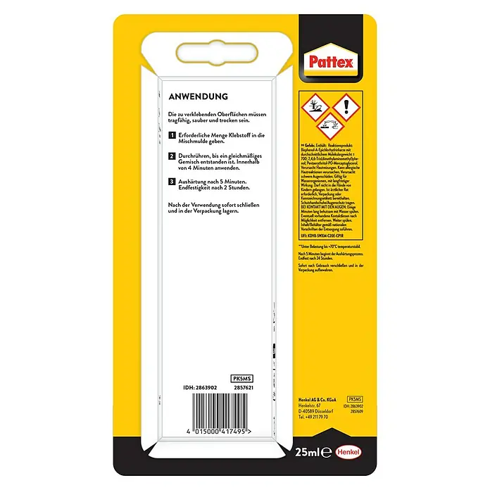 Pattex Kraft-Mix 2-Komponenten-Kleber Komponentenkleber Metall - 35 g - Bild einer Pattex-Klebstoffverpackung mit Anwendungshinweisen, Warnsymbolen und Barcode für Verbraucherinformationen.