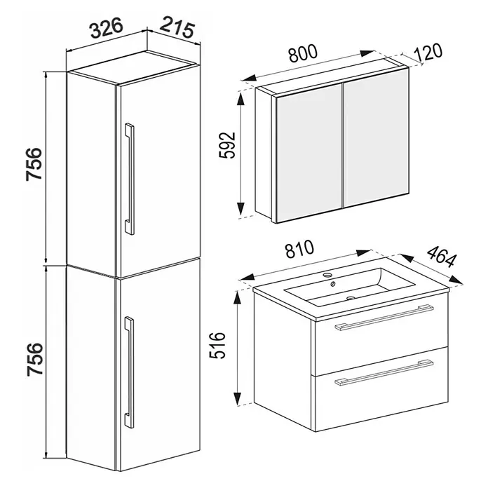 VCM Badinos Badmöbel-Set SPS - 81 cm, Weiß - Schemazeichnung eines Badmöbel-Sets mit Hochschrank, Spiegelschrank und Waschtischunterschrank mit Maßangaben.