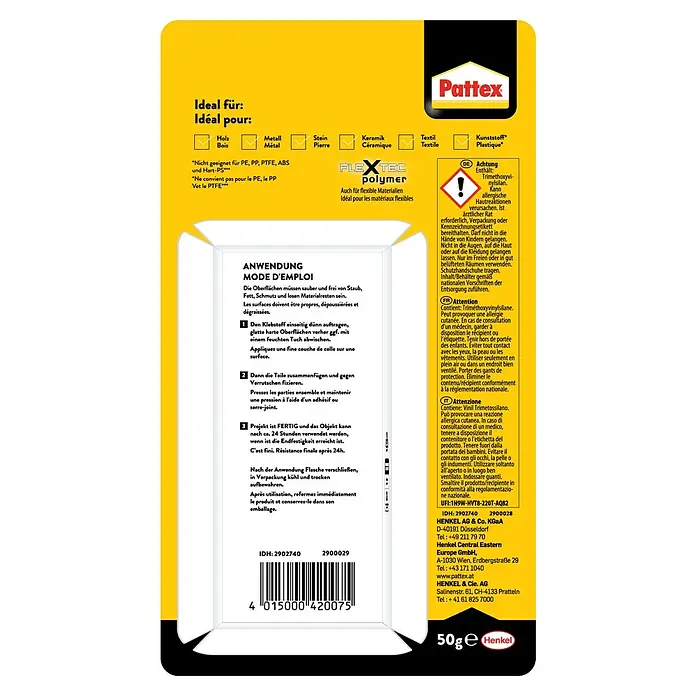 Pattex 100% Repair Alleskleber - 50 g, Flüssig, Lösemittelfrei - Abbildung der Pattex Kleber-Verpackung, ideal für Holz, Metall, Stein, Keramik und Textilien, mit Anweisungen und Warnhinweisen.