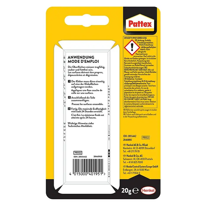 Pattex 100% Repair Spezialkleber - 20 g - Rückseite der Pattex Kleber Verpackung mit Anweisungen und Sicherheitshinweisen.