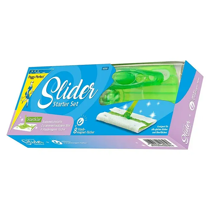 Peggy Perfect Bodenwischer Starter Set Slider - 1 x Bodenwischer, 8 x Einwegücher, Maße Tuch: 28 x 22 cm - Peggy Perfect Slider Starterset: Bodenwischplatte mit zusammensteckbarem Stiel und 8 Staubmagnet-Tüchern für eine schnelle und effektive Reinigung.