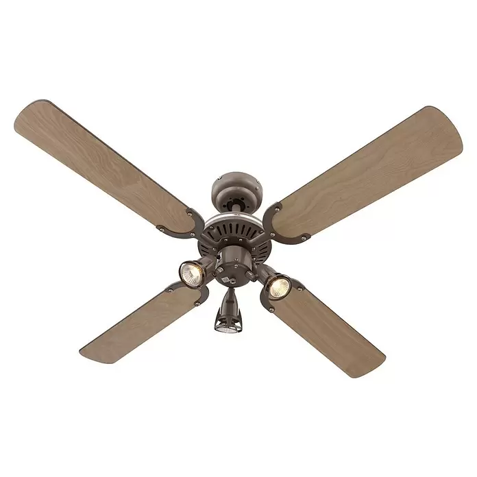 Proklima Deckenventilator Richmond - Titan, 105 cm, 150 W - Brauner Deckenventilator mit vier hellen Holzflügeln und drei integrierten Strahlerleuchten.