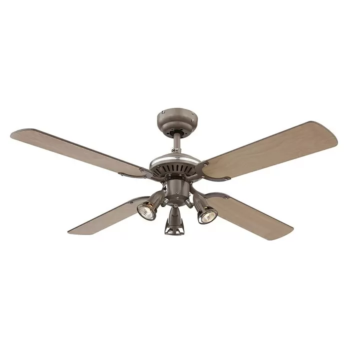 Proklima Deckenventilator Richmond - Titan, 105 cm, 150 W - Graubrauner Deckenventilator mit vier hellen Holzoptik-Flügeln und drei integrierten Strahlern.