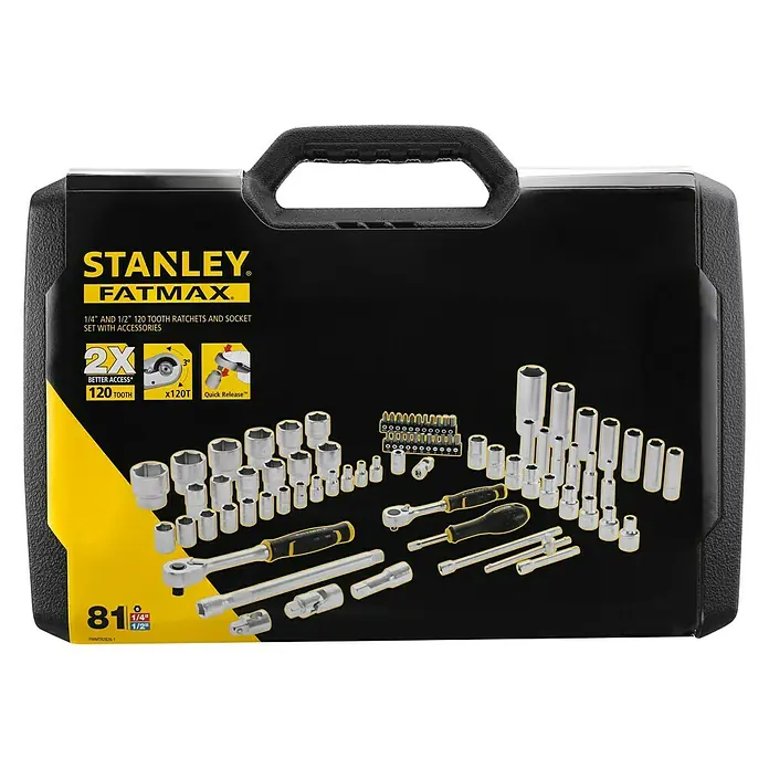 Stanley FatMax Set de llaves de vaso FMMT82826-1 - 81 pzs., Tamaño de accionamiento: ½″ - Juego de carraca y vasos Stanley Fatmax con accionamiento de 1/4" y 1/2", 120 dientes para mejor acceso, 81 piezas.