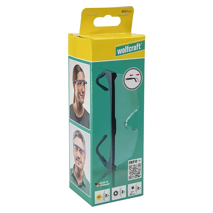 Schutzbrille - Verstellbare Bügel, Blau - Verpackung der Wolfcraft Schutzbrille mit Bildern von Personen mit Schutzbrille und den Produkteigenschaften.
