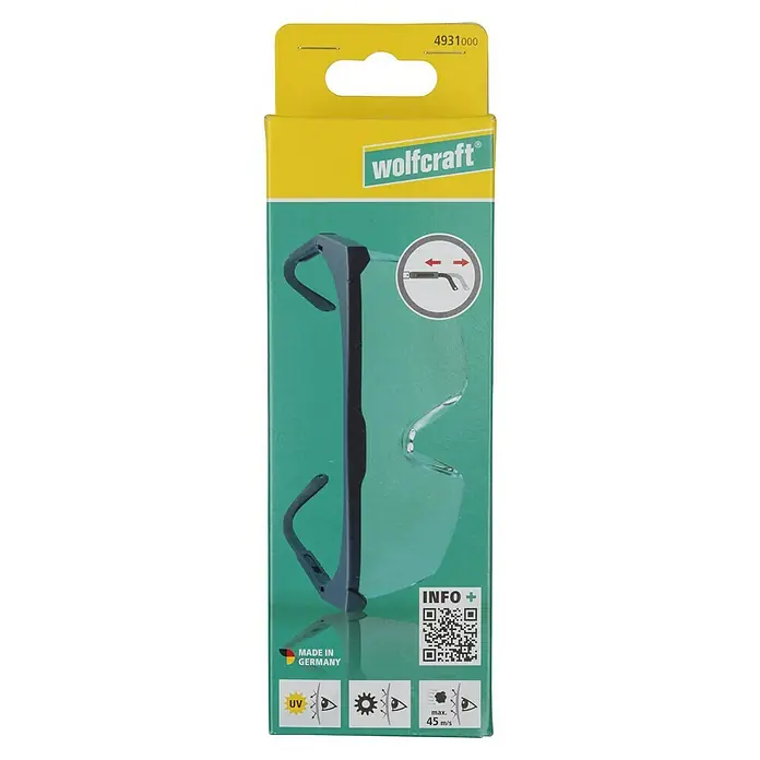 Schutzbrille - Verstellbare Bügel, Blau - Produktbild einer Wolfcraft Schutzbrille mit verstellbaren Bügeln, die in einer gelb-grünen Verpackung präsentiert wird. Sie bietet UV-Schutz und ist Made in Germany.