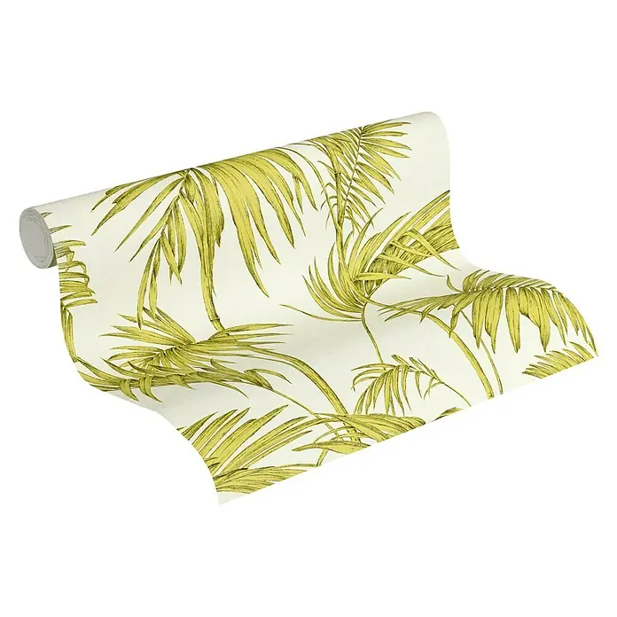 A.S. Création Metropolitan Stories Vliestapete Gräser - Creme/Grün, Floral, 10,05 x 0,53 m - Eine Rolle geschmackvoller Palmenblatt-Tapete, die jedem Raum einen Hauch von tropischem Flair verleiht. Das Design ist detailreich und lebendig.