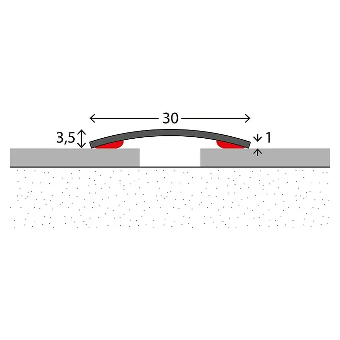 LOGOCLIC Übergangsprofil 124 - 1 m x 30 mm, Montageart: Kleben - Illustration eines Profils mit den Maßen 30 mm Breite und 3,5 mm Höhe auf der einen und 1 mm auf der anderen Seite.