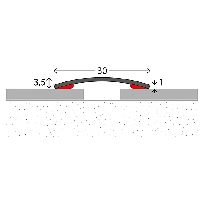 LOGOCLIC Übergangsprofil 110 - Edelstahl glänzend, 1 m x 30 mm x 3,5 mm, Montageart: Kleben, Ungelocht - Abbildung einer Übergangsschiene mit den Maßen 30mm Breite und 3,5mm/1mm Höhe, zur Überbrückung von Bodenhöhenunterschieden.