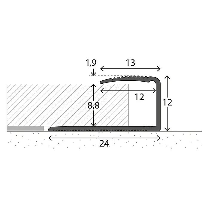 LOGOCLIC Endprofil 250 - Silber, 0,9 m x 24 mm x 12 mm, Montageart: Kleben - Technische Zeichnung eines Treppenkantenprofils mit Maßen.