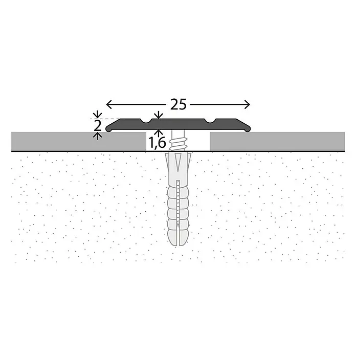 LOGOCLIC Übergangsprofil 133 - Sahara, 1 m x 25 mm x 2 mm, Montageart: Schrauben - Schema einer Übergangsschiene, die mit Schrauben und Dübeln auf dem Boden befestigt ist. Die Schiene ist 25 mm breit und 2 mm dick, während der Schraubenkopf 1,6 mm dick ist.