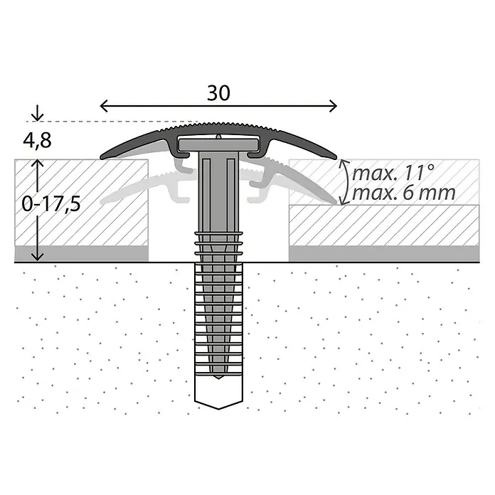 LOGOCLIC Übergangsprofil 201 - Buche, 0,9 m x 30 mm, Montageart: Schrauben - Technische Zeichnung eines Übergangsprofils mit Maßen für Bodenbeläge.