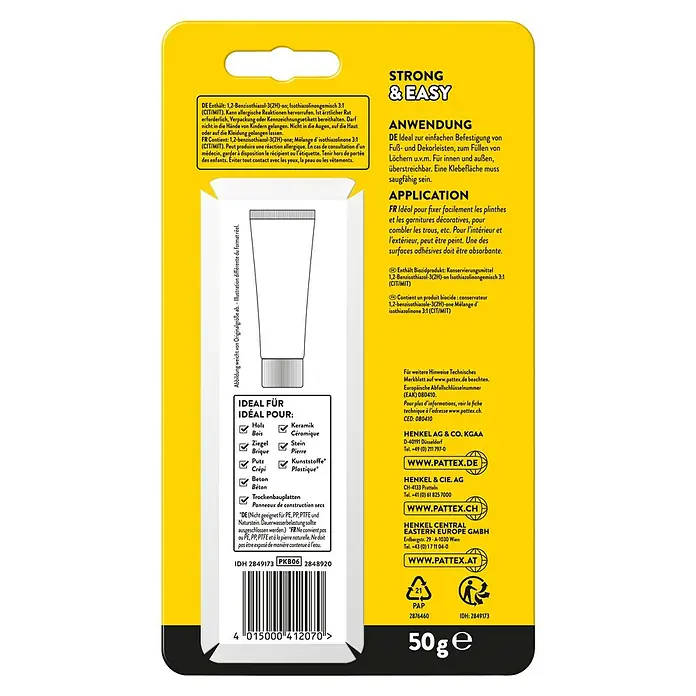 Pattex Montagekleber Kleben statt Bohren - 50 g - Pattex Montagekleber im gelben Design, ideal für einfache Befestigungen und zum Füllen von Löchern, mit Hinweisen zur Anwendung und Inhaltsstoffen.