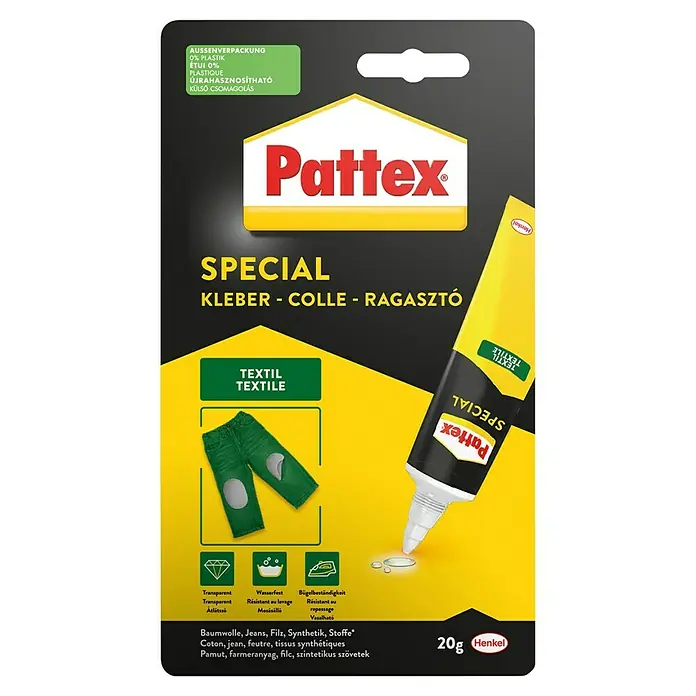 Pattex Spezialkleber Textil - 20 g - Produktverpackung des Pattex Spezial Textilklebers (20g), ideal zum Kleben von Textilien wie Baumwolle, Jeans, Filz und Synthetik.