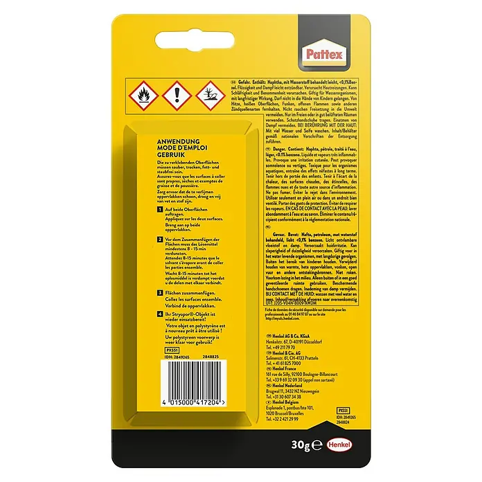 Pattex Spezialkleber Styropor - 30 g - Pattex Styropor-Kleber Verpackung. Leicht entzündlich, reizend und umweltschädlich. Hinweise zur Anwendung und Sicherheitshinweise sind aufgedruckt.