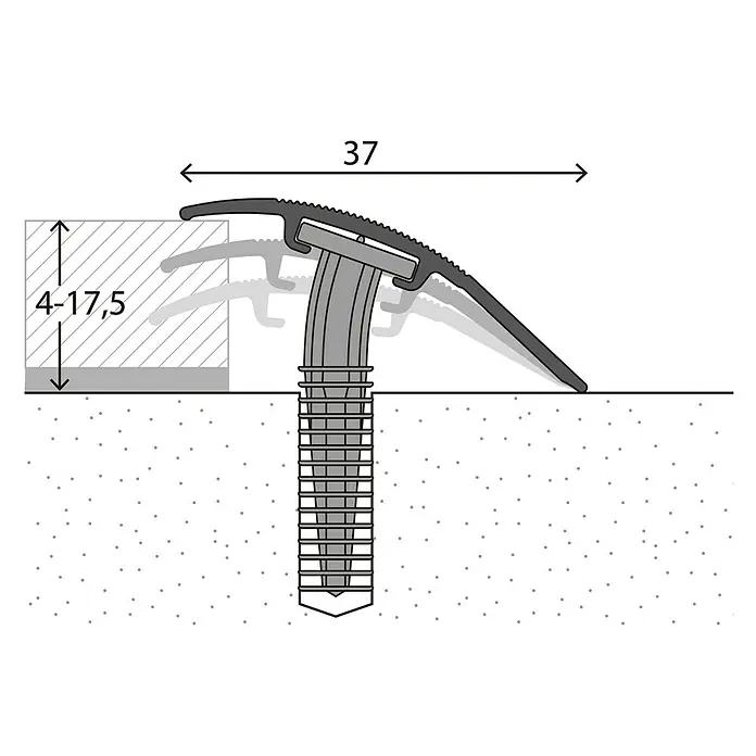 LOGOCLIC Anpassprofil 205 - Eiche Hell, 0,9 m x 37 mm, Montageart: Schrauben - Darstellung eines Übergangsprofils mit den Maßen 37 mm Breite und 4-17,5 mm Höhe, geeignet für Bodenbeläge unterschiedlicher Dicke.