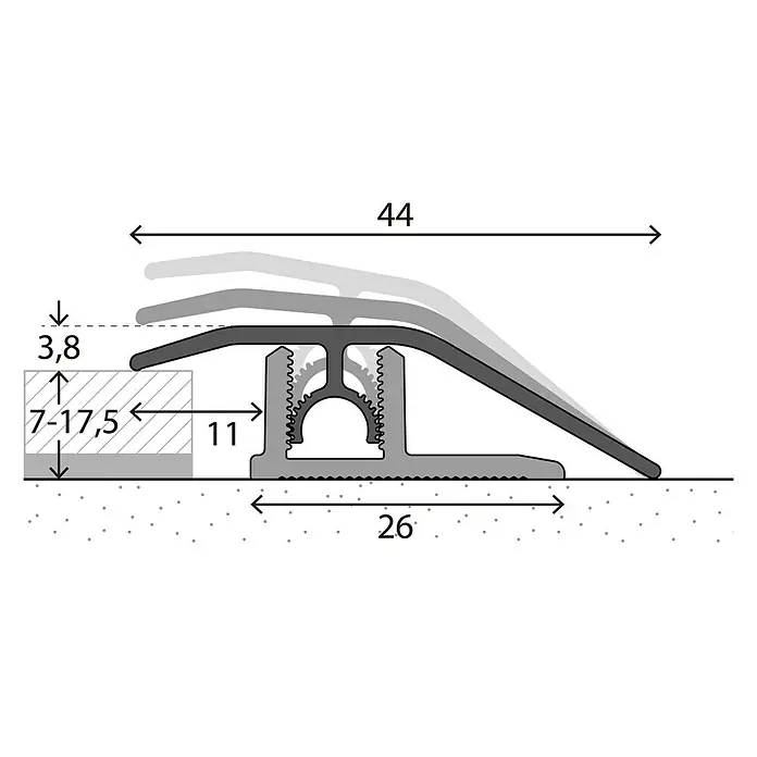 LOGOCLIC Anpassprofil 307 - Eiche Weiß, 0,9 m x 44 mm, Montageart: Stecken - Abbildung eines Übergangsprofils mit Maßen. Es zeigt Details zu Höhe, Breite und Montage.
