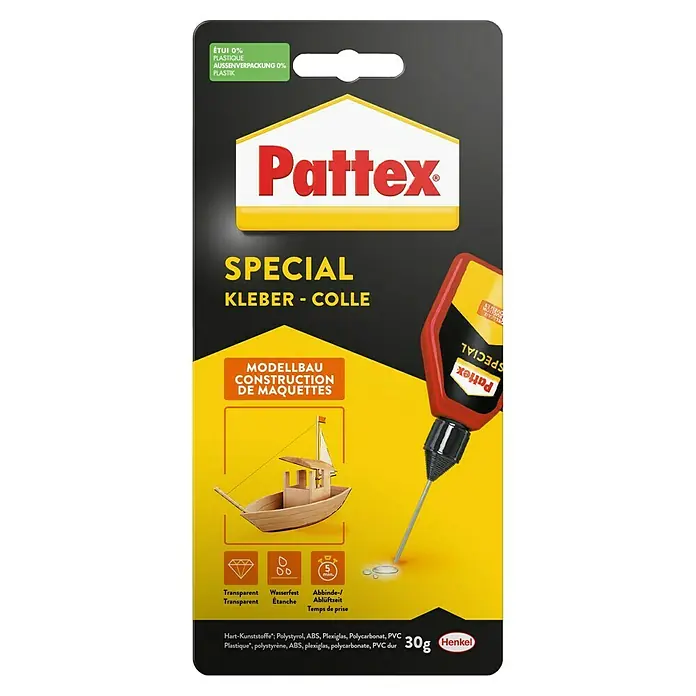 Pattex Spezialkleber Modellbau - 30 g - Pattex Spezialkleber für Modellbau. Der Kleber ist transparent, wasserfest und hat eine Ablüftzeit von 5 Minuten.