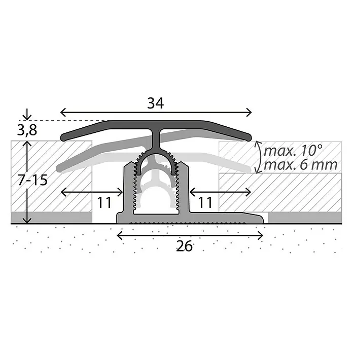 LOGOCLIC Übergangsprofil 303 - Eiche Weiß, 0,9 m x 34 mm, Montageart: Stecken - Technische Zeichnung eines Übergangsprofils mit Maßen für Bodenbeläge unterschiedlicher Höhen.