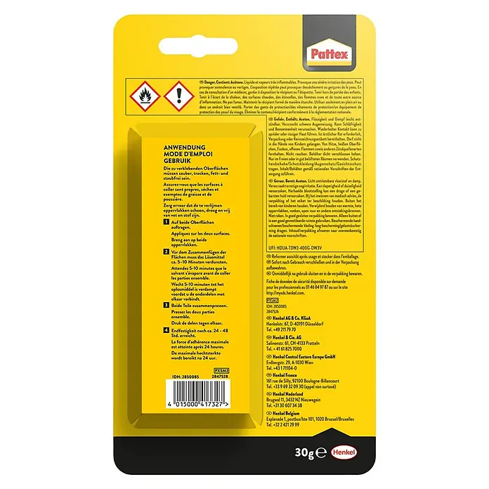 Pattex Spezialkleber Kunststoff - 30 g - Instruction and warnings for Pattex contact glue. Flammable liquid, irritant, keep away from children.