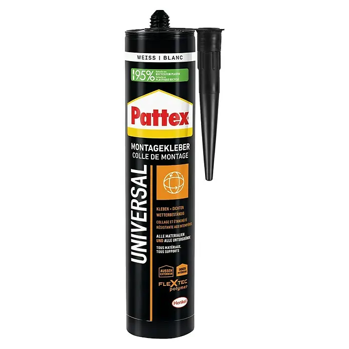 Pattex Montagekleber Universal - 420 g - Produktbild einer Pattex Montagekleber Universal Kartusche in Weiß, ideal zum Kleben und Dichten im Innen- und Außenbereich.