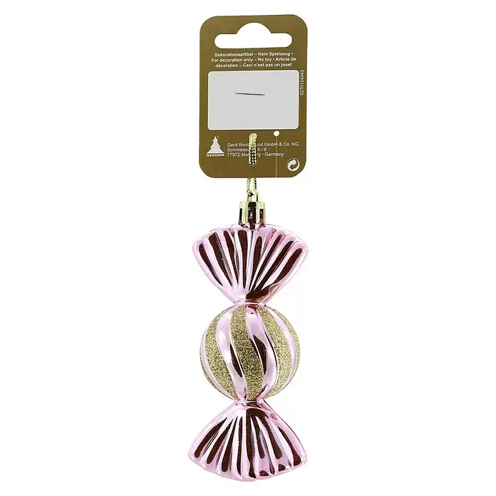 Christbaumschmuck Bonbon - Rosa/Gold, Kunststoff, 1 Stk., 17,5 x 5 x 4 cm - Rosa und goldglitzernde, bonbonförmige Weihnachtsbaumkugel an einem braunen Kartonanhänger.