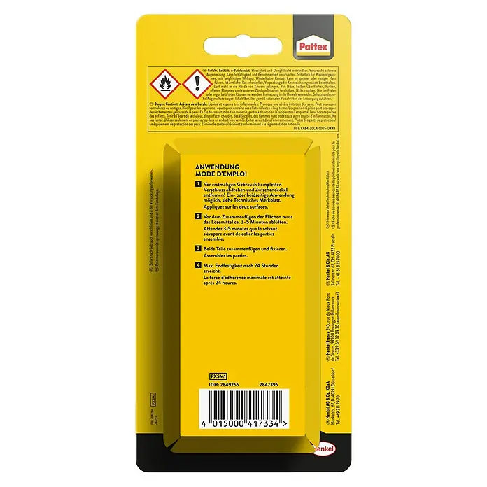 Pattex Spezialkleber Modellbau - 30 g - Rückseite der Pattex-Klebstoffverpackung mit Warnhinweisen, Gebrauchsanleitung und Barcode.