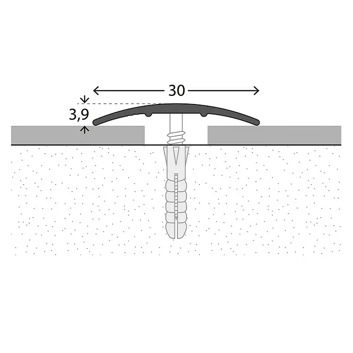 LOGOCLIC Übergangsprofil 130 - Silber, 2,7 m x 30 mm x 3,9 mm, Montageart: Schrauben - Skizze eines Bodenprofils mit den Maßen 30 mm Breite und 3,9 mm Höhe, befestigt mit Schrauben und Dübeln.