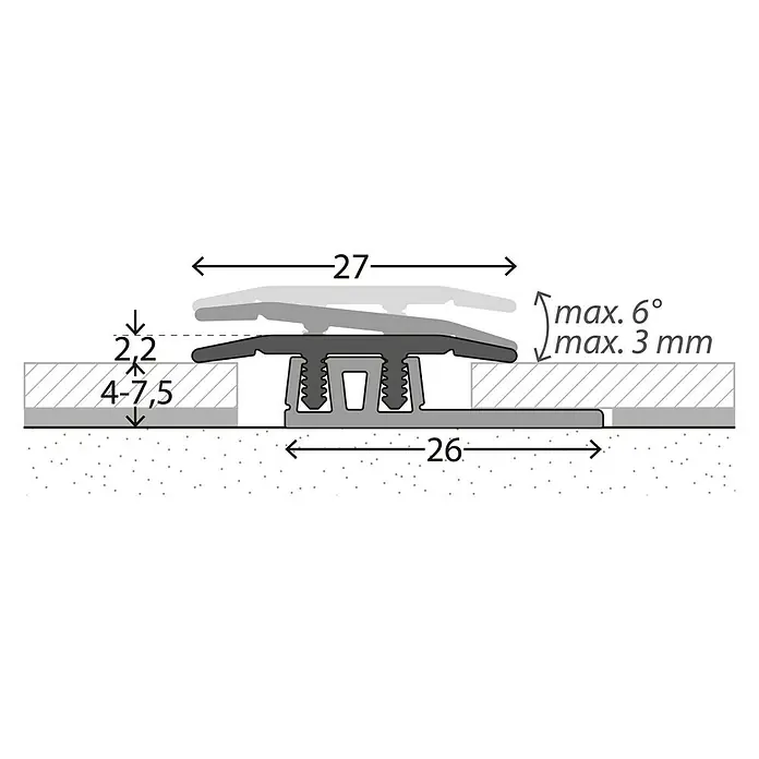 LOGOCLIC Übergangsprofil 322 - Silber, 2,7 m x 27 mm, Montageart: Stecken - Darstellung eines Bodenprofils mit technischen Details wie Maßen und Neigung. Ideal für Bau- und Renovierungsprojekte.