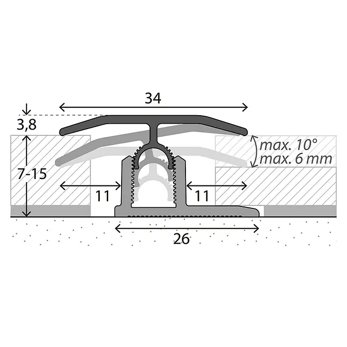MyStyle MyArt Universalprofil 3in1 Earthen Oak - 1 m x 34 mm x 15 mm, Montageart: Stecken - Detailansicht eines Übergangsprofils mit Maßen, das zwei Bodenbeläge unterschiedlicher Höhe verbindet.